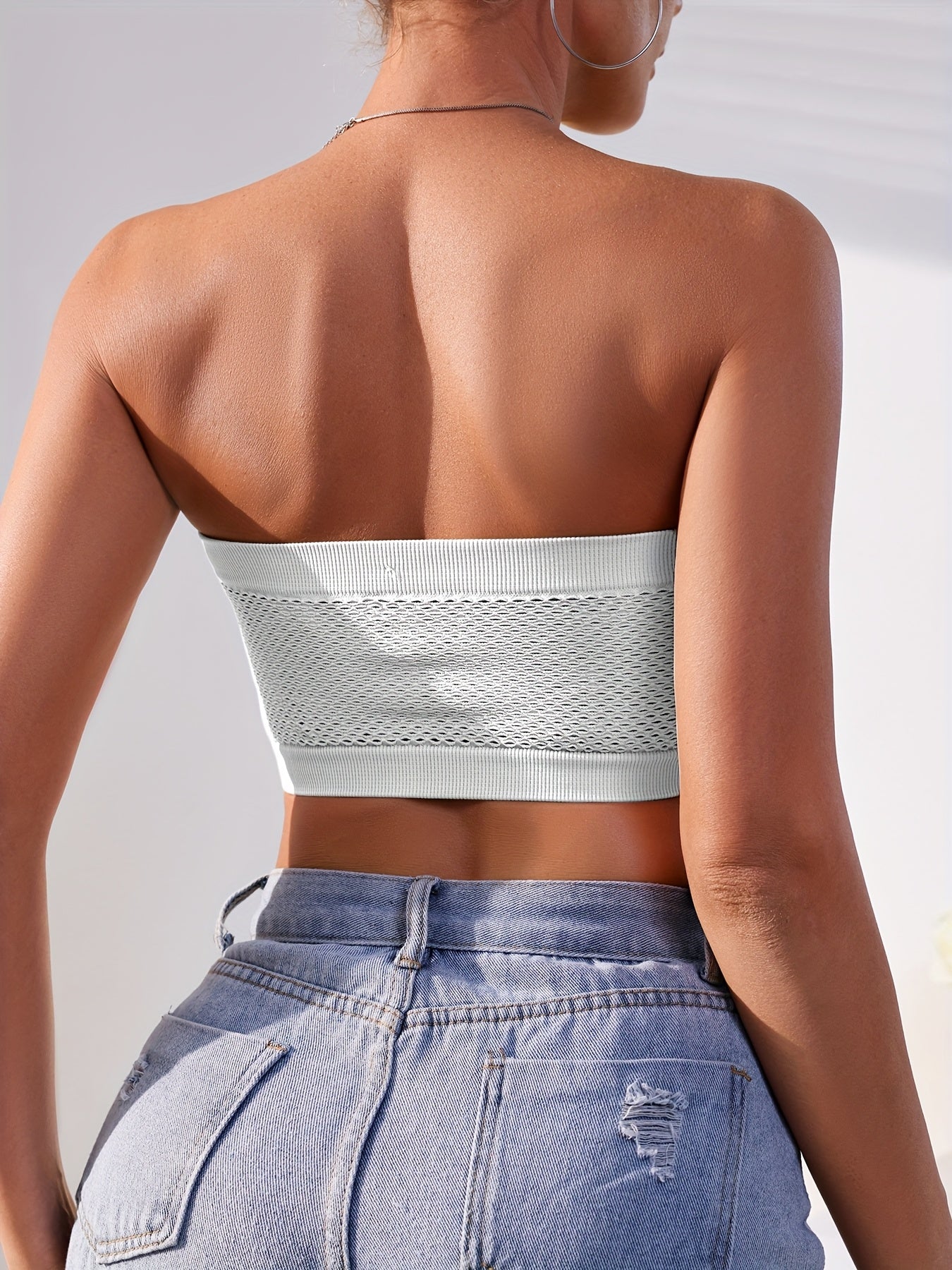 Women's Seamless Strapless Bandeau Bra Beige Elastic Breathable Mesh Non-Slip