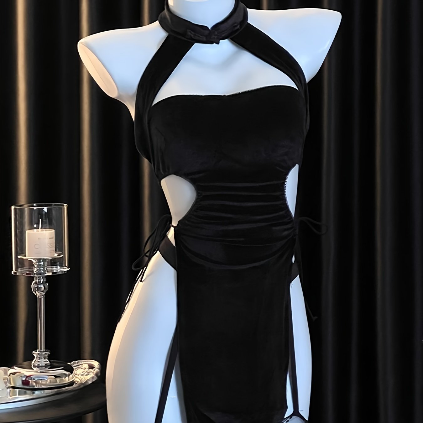 Women’s Velvet Cheongsam Bodysuit with High Slit and Lace-Up Detail