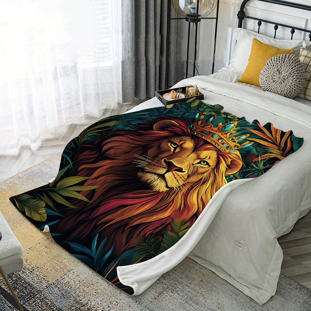 Contemporary Jungle Lion Print Flannel Blanket for Bed Sofa Car 200-250gsm
