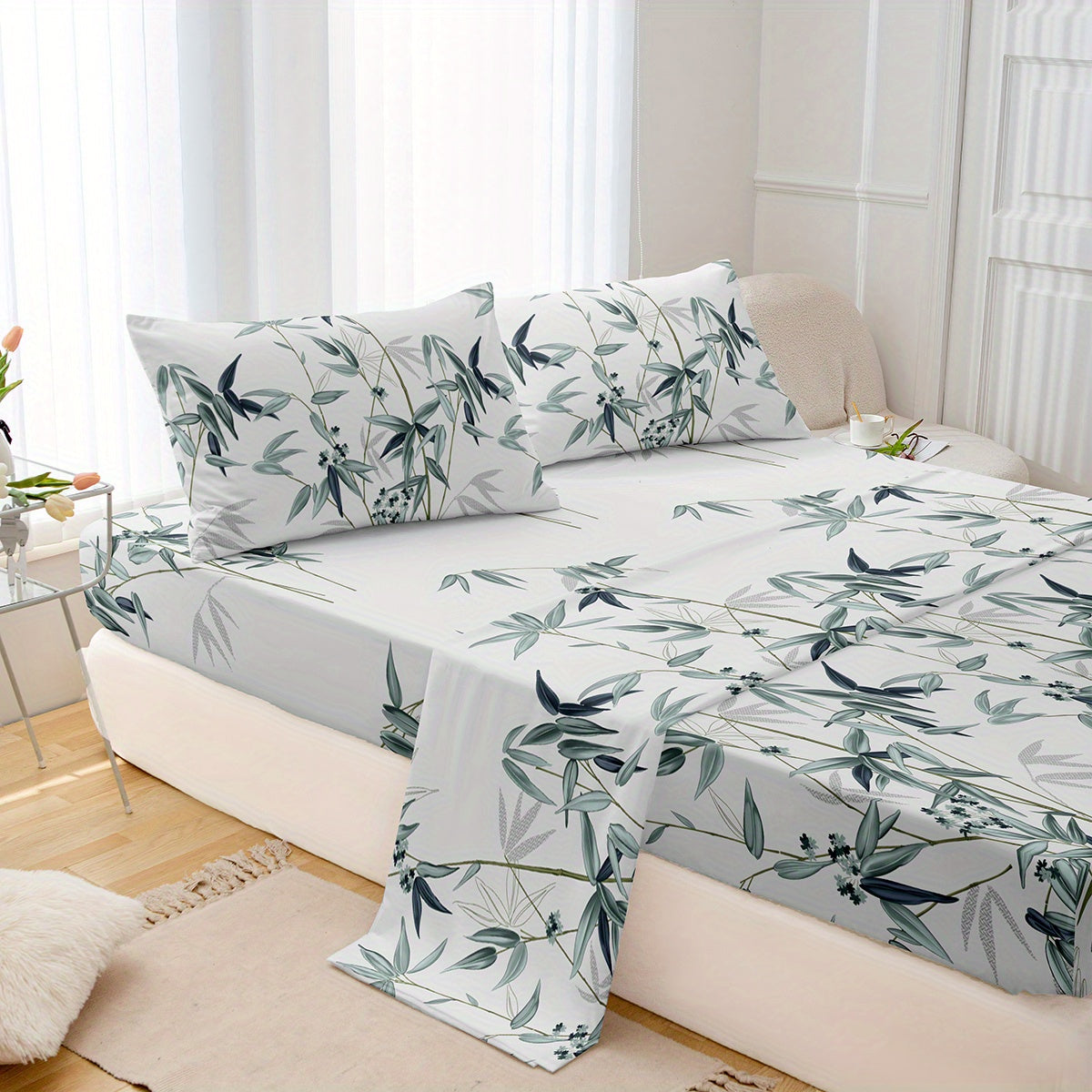 Conjunto de ropa de cama con estampado de hojas de bambú transpirable que incluye sábanas planas y ajustables, fundas de almohada, 4 piezas