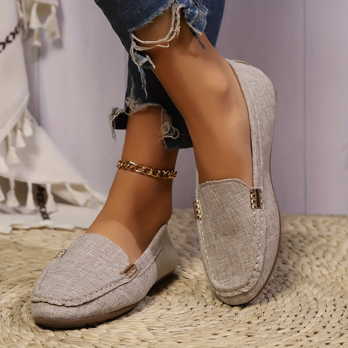 Women's Slip-On Flats Casual Striped Breathable Fabric Summer Shoes