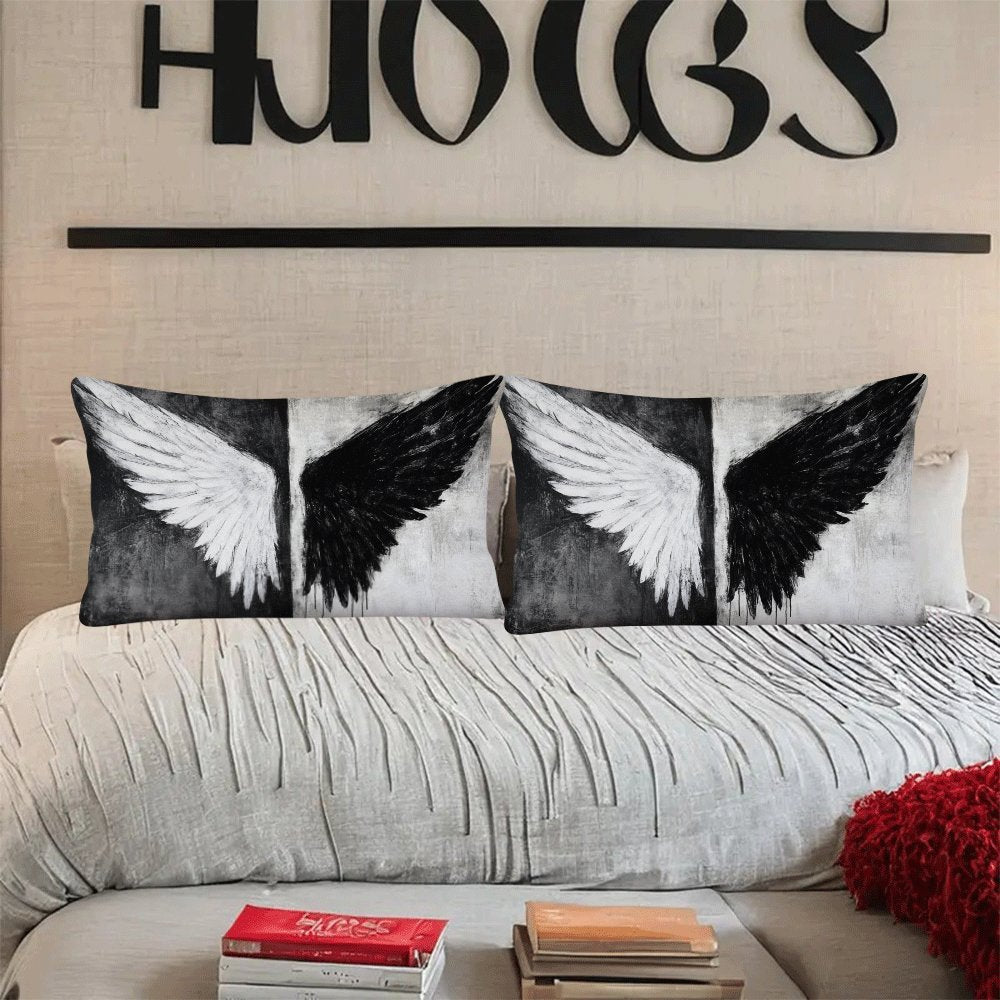 Set of Two Black and White Angel Wings Pillow Covers Polyester Square Cushion Cases Zipper Closure for Sofa Bed Outdoor
