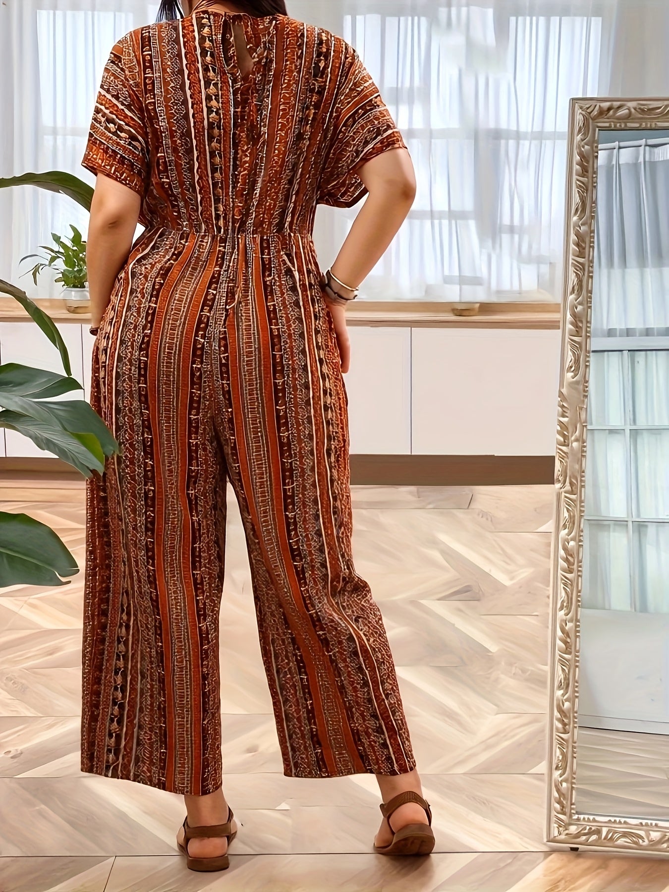 Plus Size Tribal Print V-Neck Jumpsuit Wholesale Batwing Sleeve Wide Leg Dress
