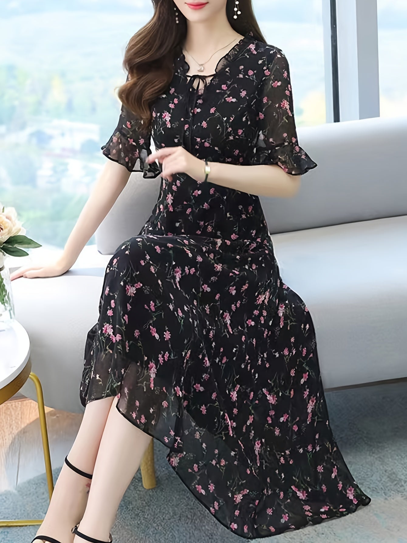 Women's Floral Print Tie Neck A-Line Dress Short Sleeve Spring Summer
