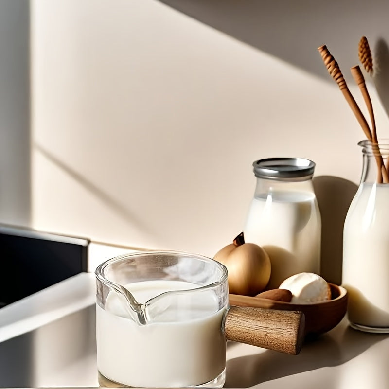 Yaratuvchi Shisha Sut Qozonchasi, Yog'och Tutqichi bilan, Qahva Ta'mini O'lchash uchun Isiga Qarshi O'lchov Stakan, Shisha Ziravor Qozonchasi, O'lchov Belgilari bilan, 1 Dona