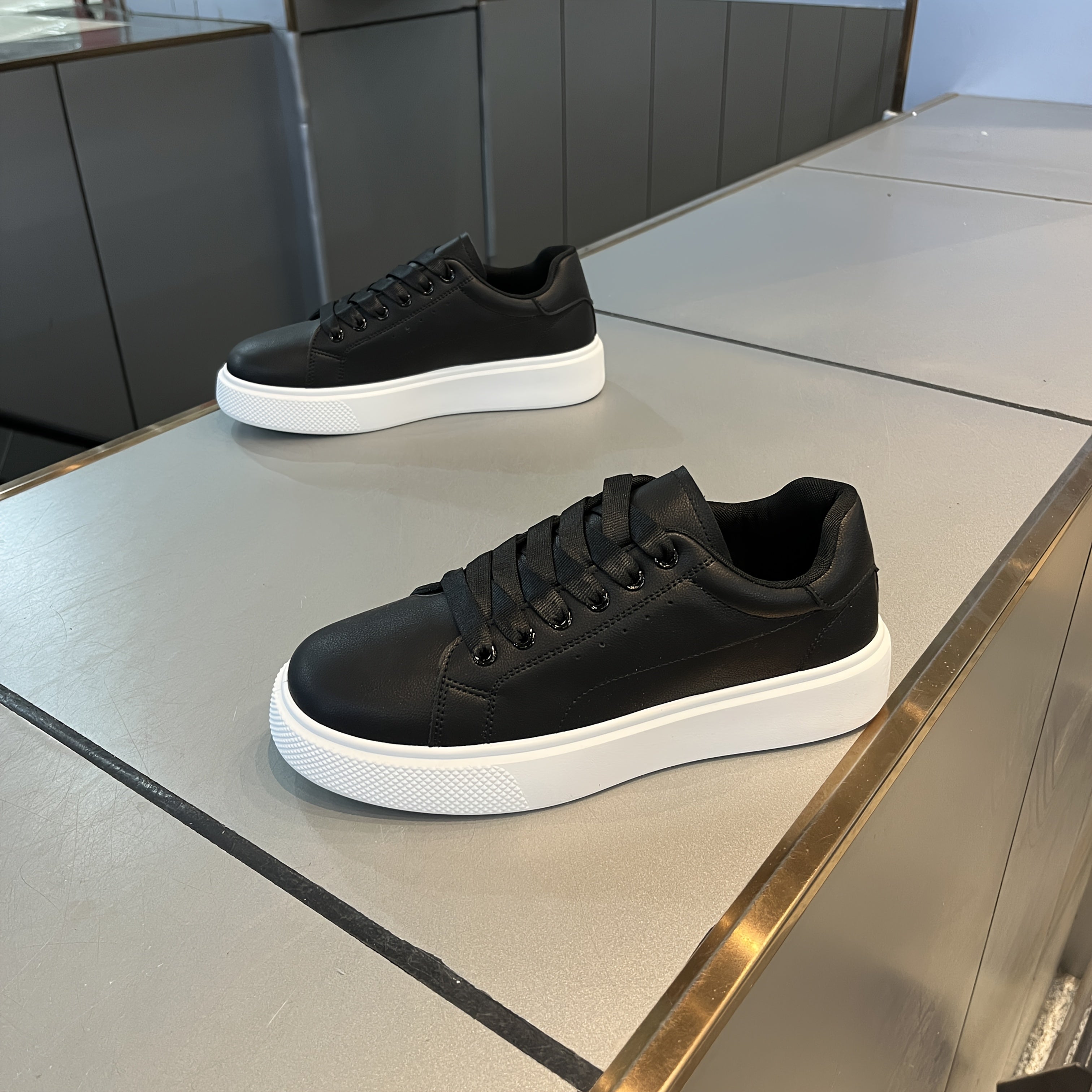 Men's Solid Color Lace-Up Skate Sneakers with Non-Slip PVC Sole for All-Season Walking