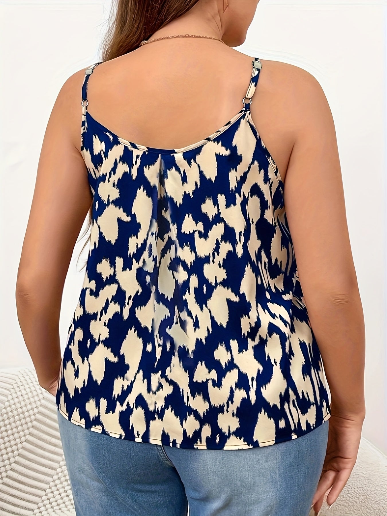 Plus Size Floral Off-Shoulder Tank Top Navy Sleeveless Casual Blouse