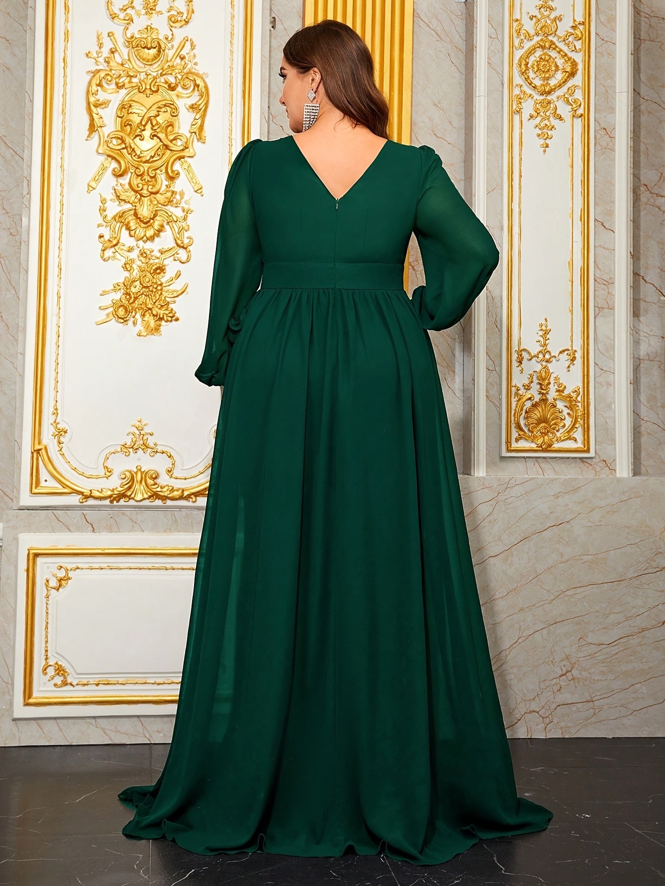 Платье большого размера из зелёного шифона с 3D кружевными фонарными рукавами для торжественных мероприятий