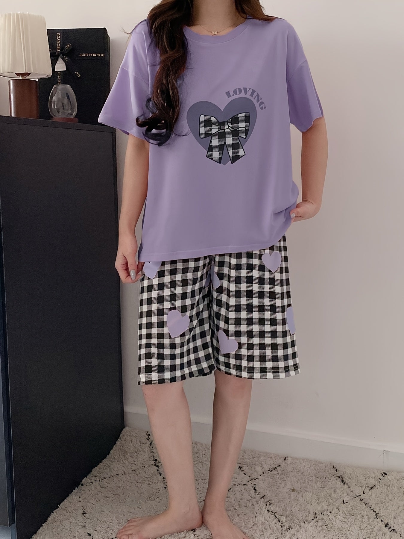 Women's Plus Size Pajama Set Light Purple Heart Checkered Lounge Wear