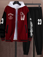 Conjunto de ropa deportiva de punto de poliéster para hombre con chaqueta con estampado de cuello de béisbol y bolsillos para otoño e invierno