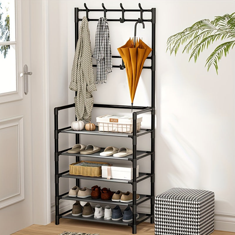 Multi-Functional 4/5-Tier Entryway Organizer Shoe Rack Hooks for Keys Coats Hats