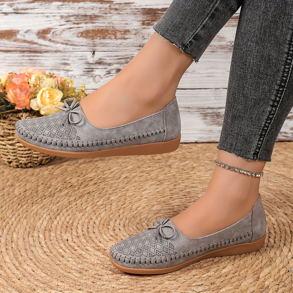 Women's Casual Slip-On Flat Shoes with Bow Pink Geometric Pattern