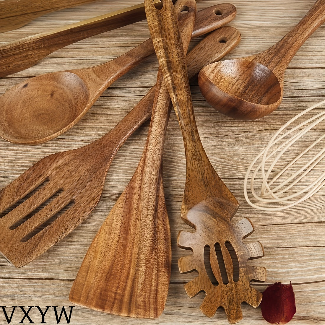 Set of 7 Wooden Cooking Utensils Non-Stick Safe Kitchen Gadgets and Accessories