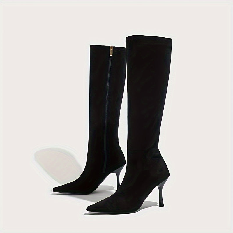 Women High Heel Ankle Boots Stretchy Zipper Pointed Toe Solid Color