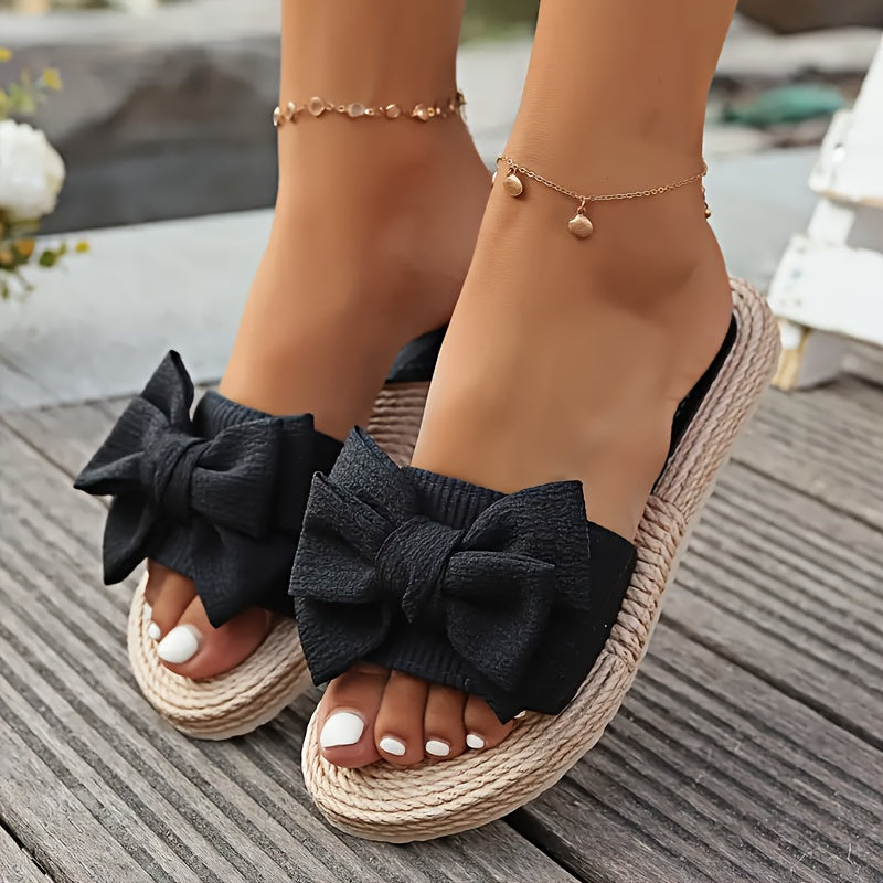 Women's Black Bow Beach Sandals - Breathable Flat Shoes with EVA Sole