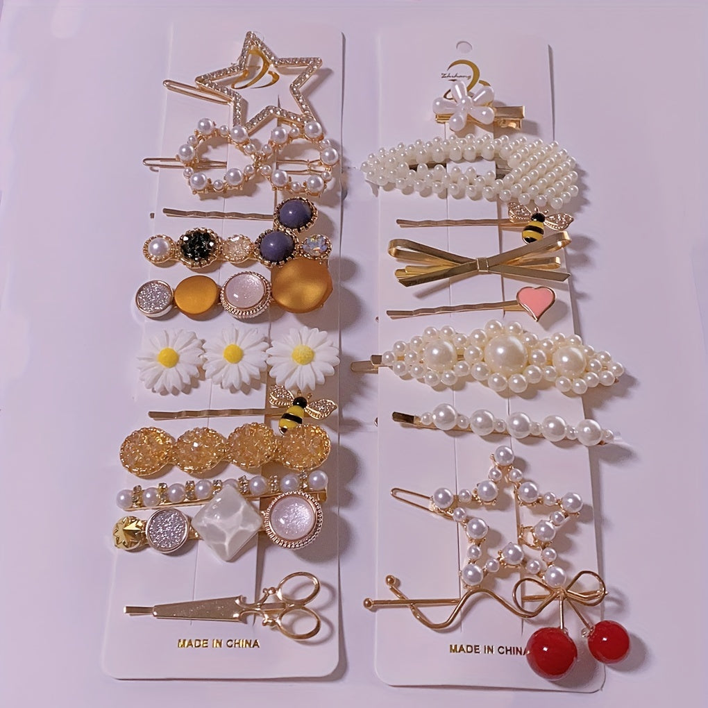 Set of 20 Metal Bobby Pins with Faux Pearl Embellishments in Bow Shape for Women