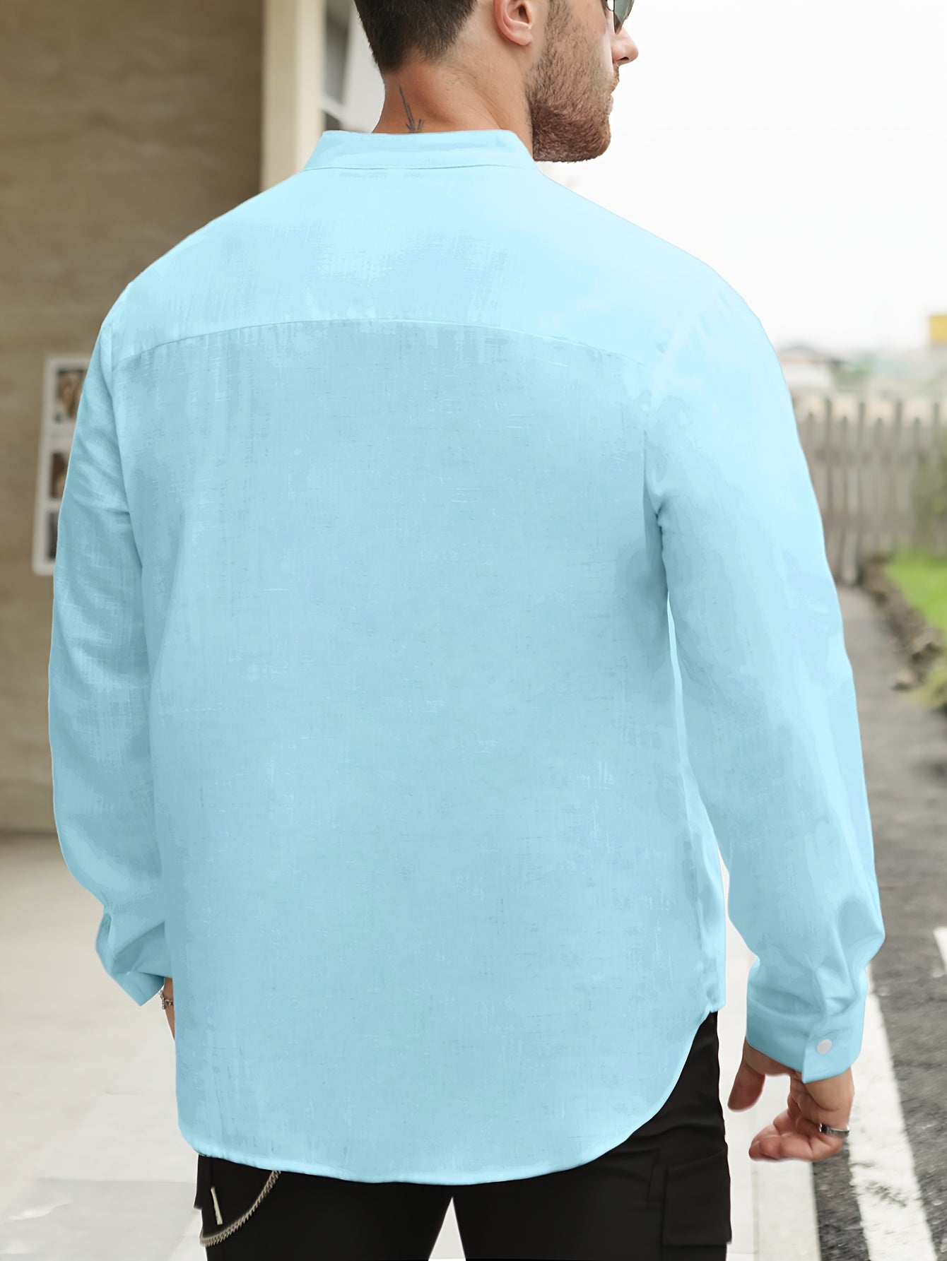 Camisa Henley de algodón de bambú verde menta para hombre, manga larga, casual, verano, corte relajado