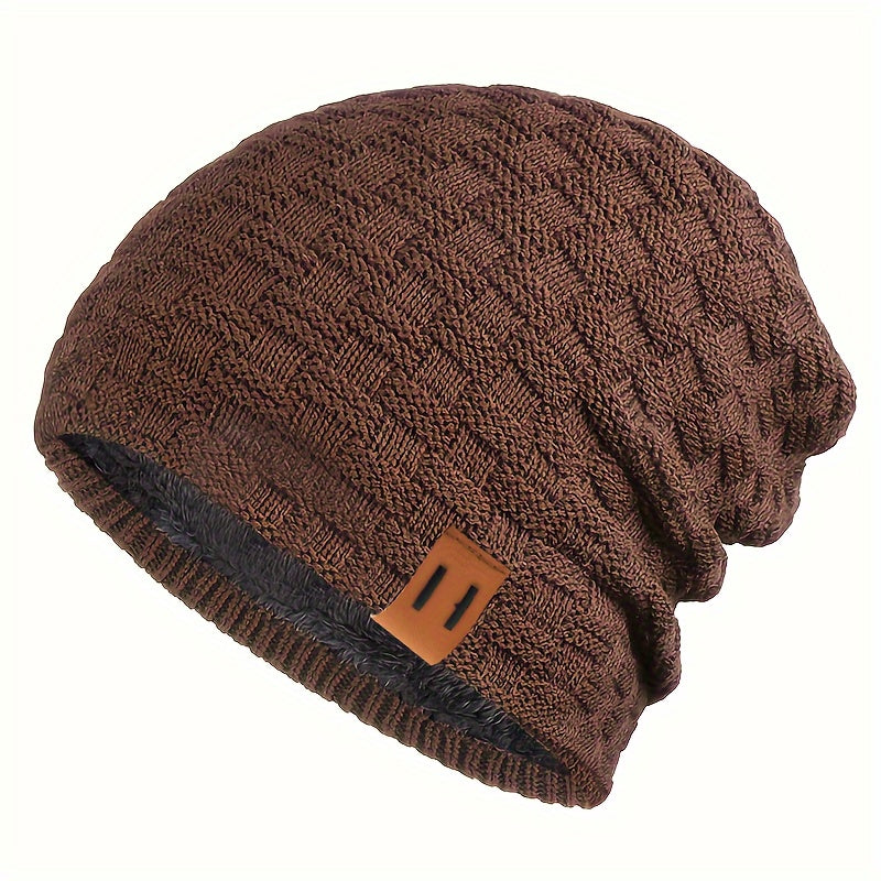 Men's Knit Beanie Winter Hat Faux Leather Patch Warm Windproof for Cycling Hiking