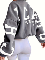 Women's Brown Letter Print Sweatshirt Crew Neck Long Sleeve Casual
