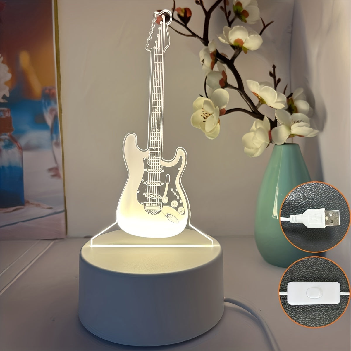 3D Guitar Night Light with Warm White Base for Room Decor and Gift