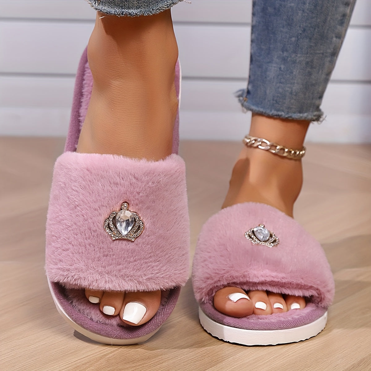 Women's Sparkling Embellished Slip-On Slippers Soft Fabric Indoor House Shoes