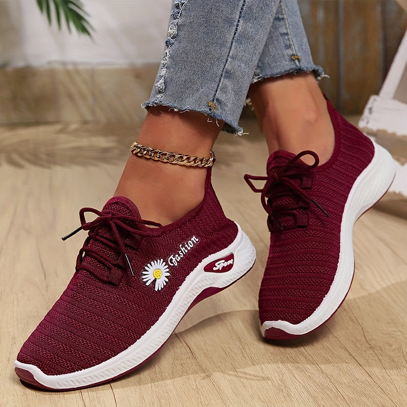 Women's Floral Pattern Lace-Up Sneakers Breathable Soft Sole Running Shoes