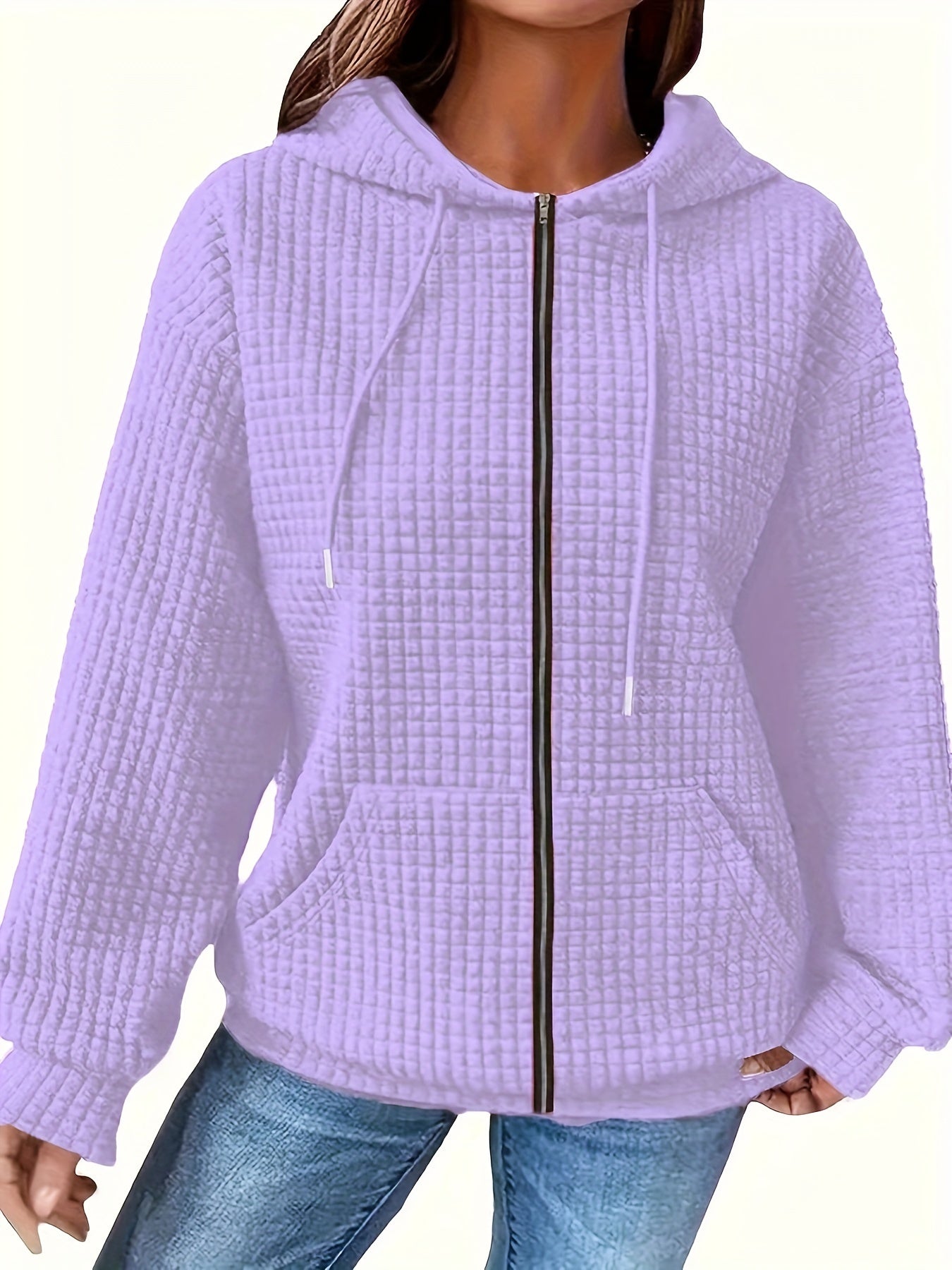 Sudadera con capucha de waffle para mujer talla grande con bolsillos con cremallera y cordón