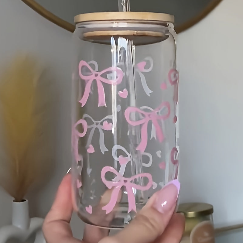 16oz Heart-Shaped Glass Cup with Lid and Straw for Coffee Milk Juice Gift