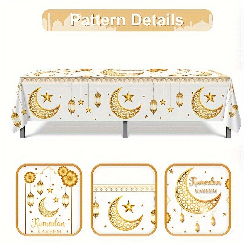 1pc Ramadan Kareem Tablecloth made of polyester, featuring Islamic moon and stars design, perfect for Eid Al-Fitr celebrations and home decor.