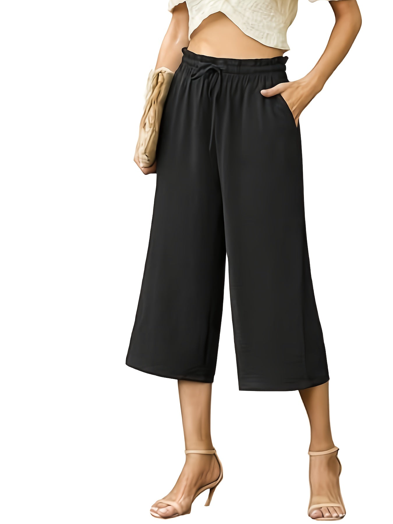 Plus Size Women's High-Waisted Wide Leg Pants Elastic Drawstring Casual Summer