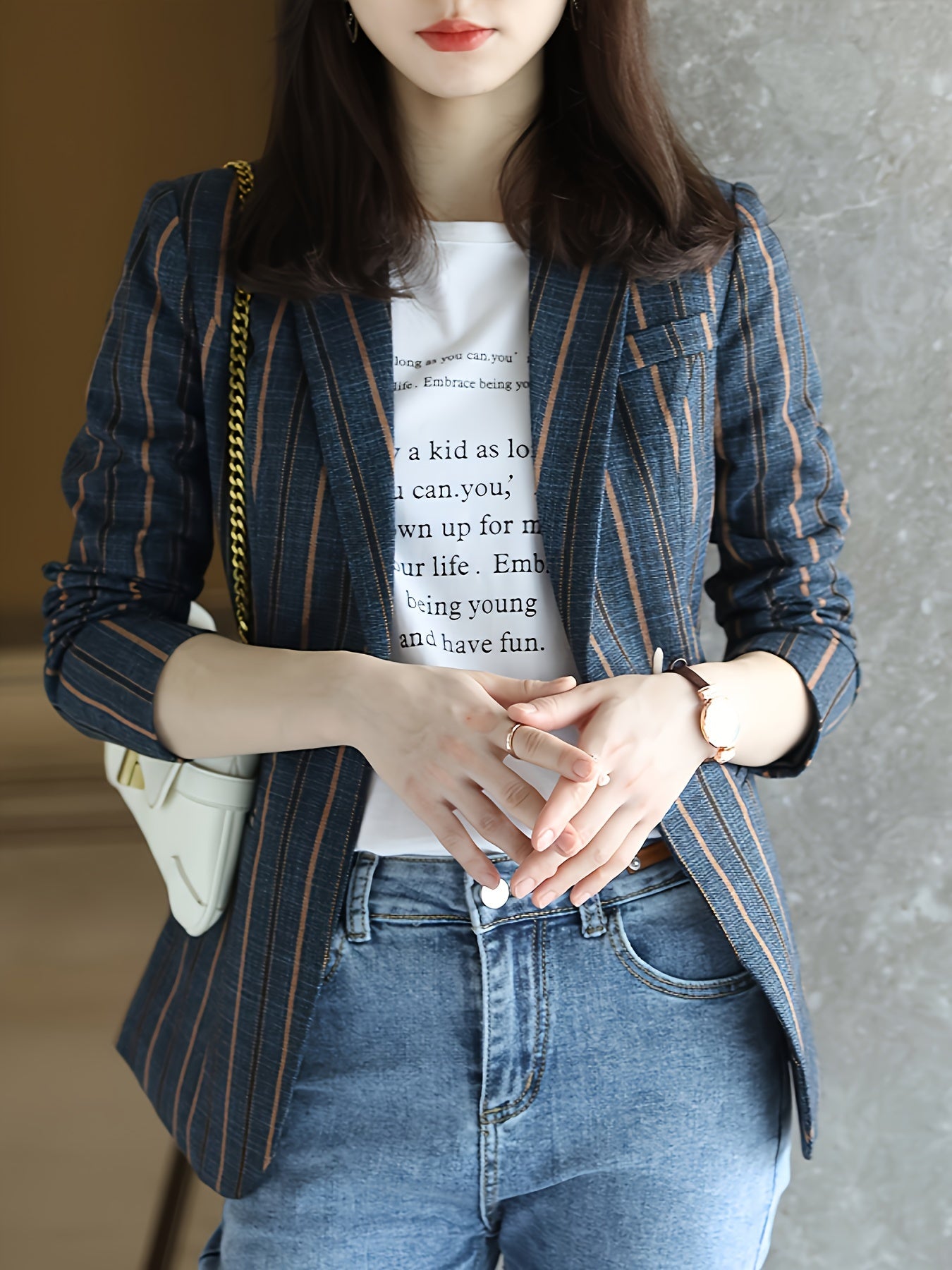 Women's Striped Blazer Long Sleeve Regular Fit Woven Polyester Spandex