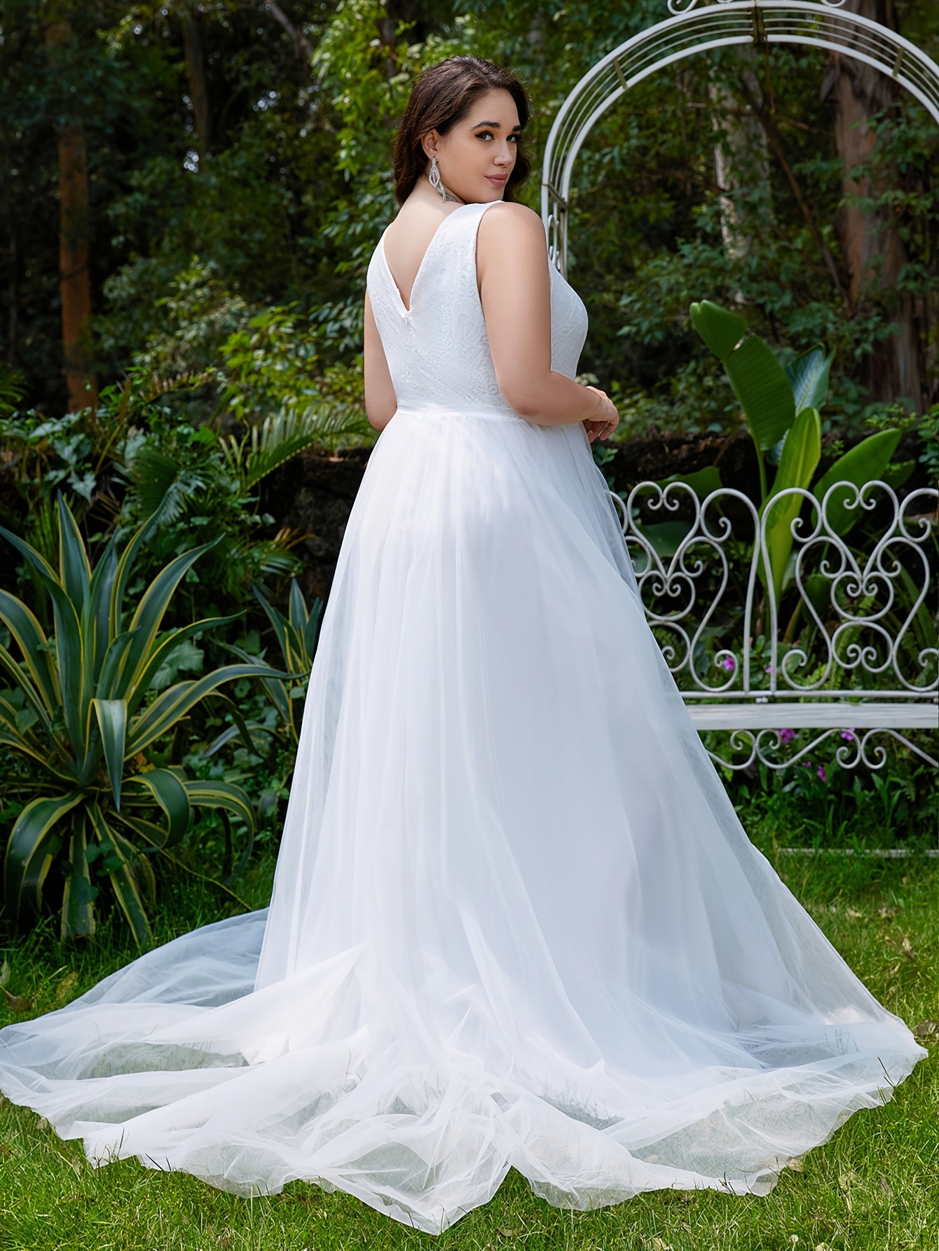 Vestido largo formal de novia y noche con escote en V y panel de encaje para mujer talla grande