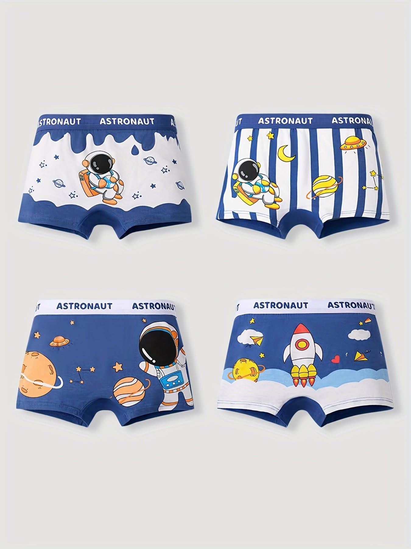 Set of 4 Boys' Cartoon Astronaut Breathable Cotton Boxer Briefs for Kids
