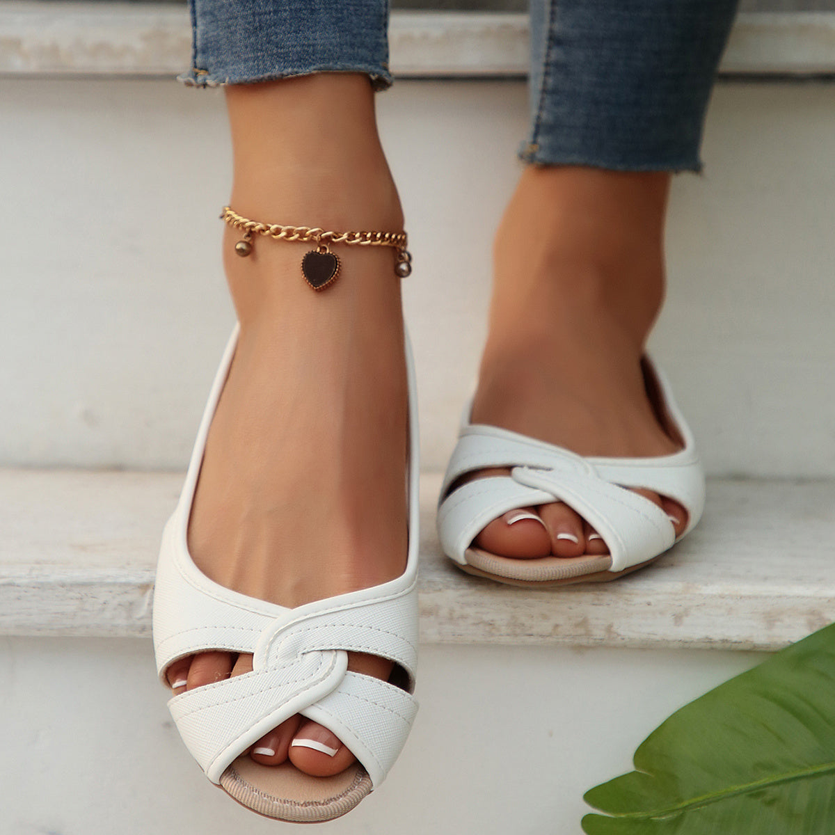 Women's White Cross-Strap Slip-On Flats Soft PU Casual Summer Shoes