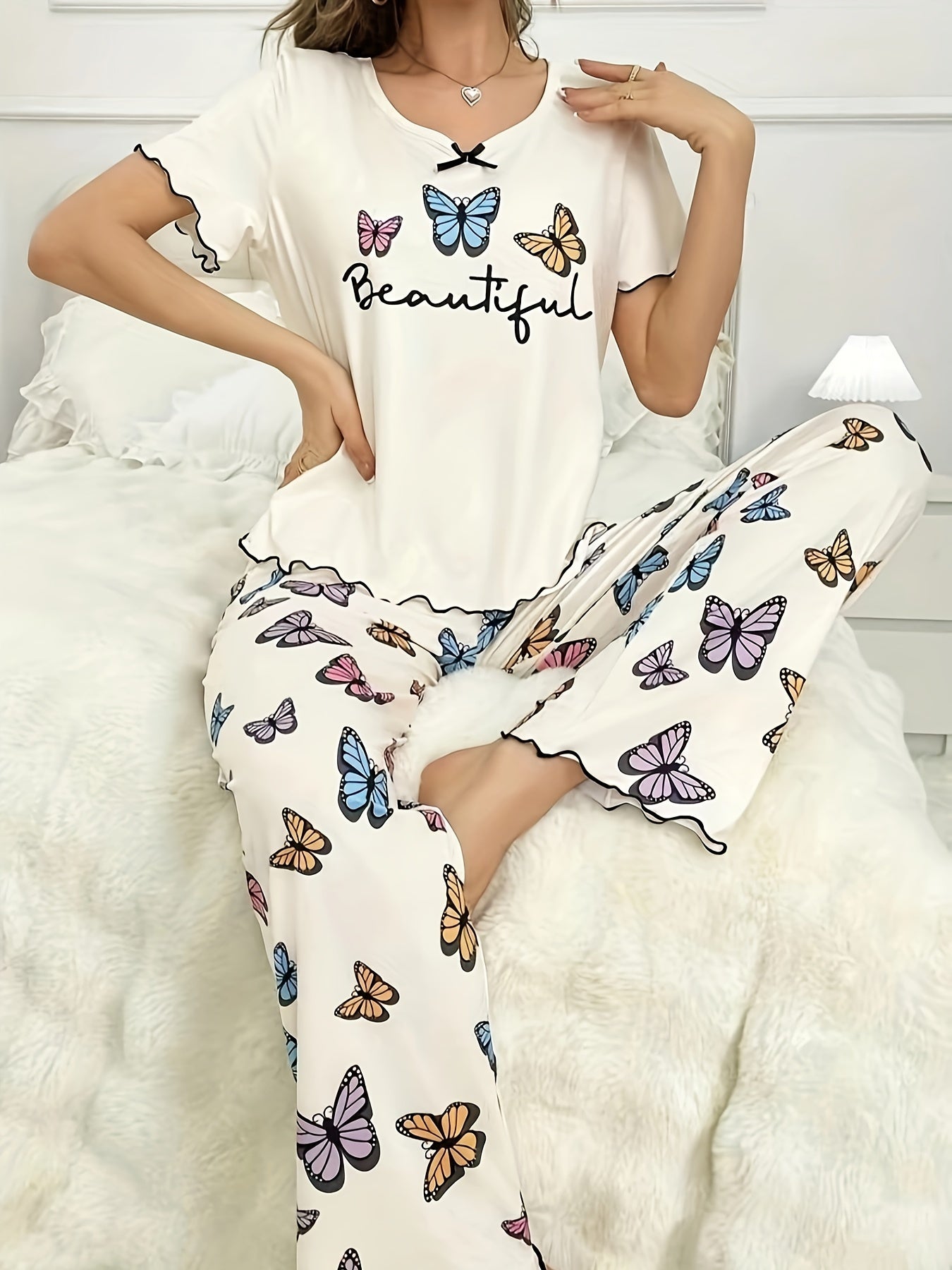 Women's Lounge Set Butterfly Letter Print Frill Trim Short Sleeve Round Neck Pajama Set