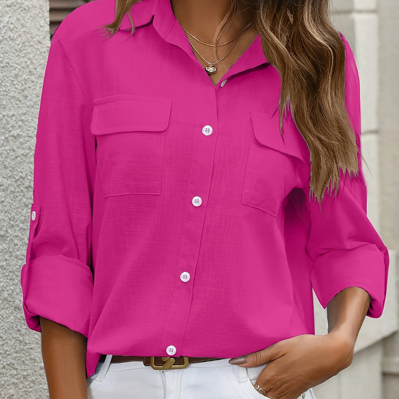 Women's Cotton Long Sleeve Shirt with Pockets and Button-Up Collar