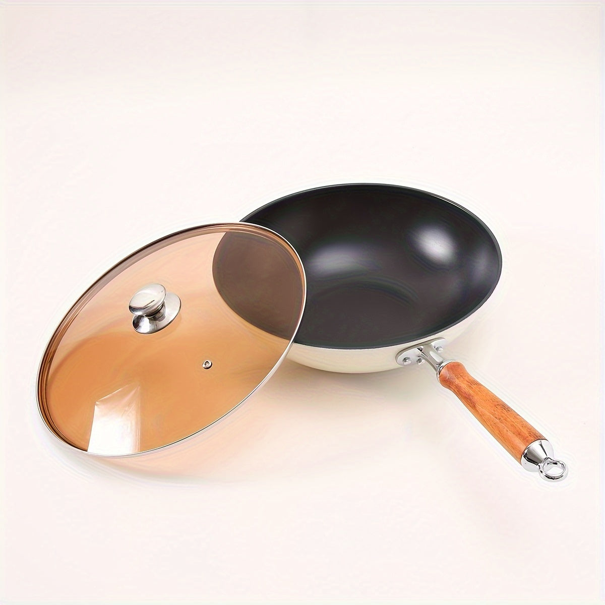 Ненаклеиваемый чугунный вок с крышкой и лопаткой - безвредная углеродная стальная сковорода для жарки на индукционных, газовых и всех типах плит