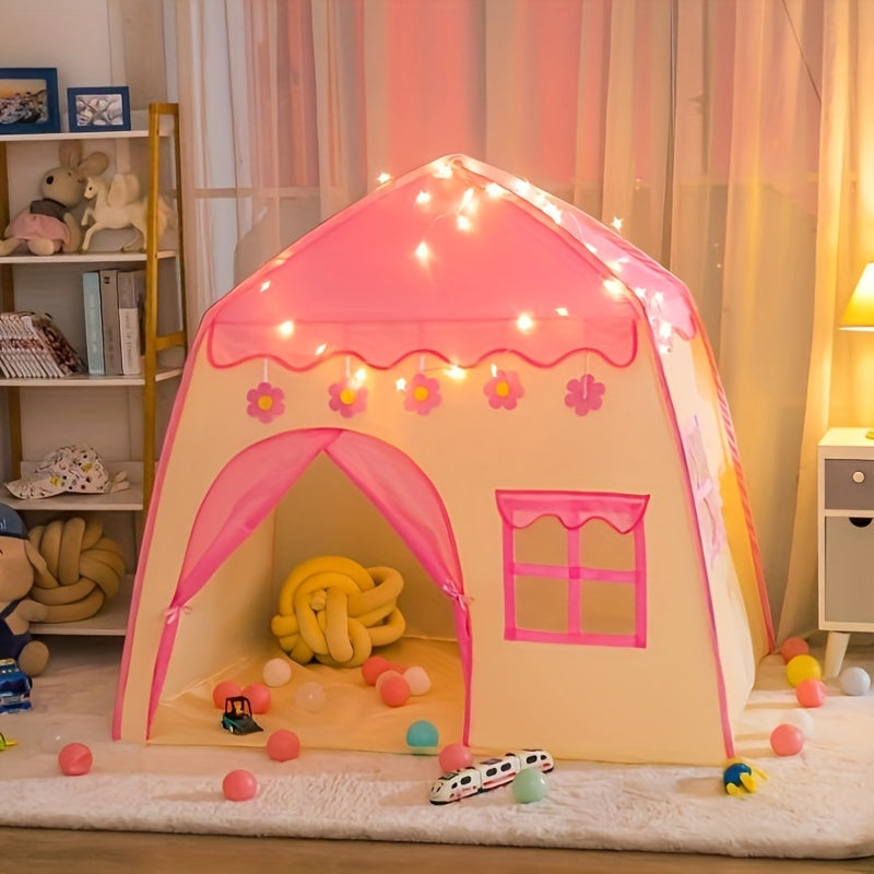 Pink Kids Play Tent Indoor Outdoor with Star Lights and Pink Flower Decorations