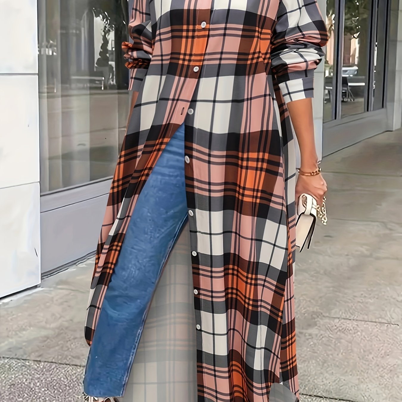 Plus o'lchamli tekislangan kofta, kundalik, uzun qo'l, tugma oldi, ayollar uchun