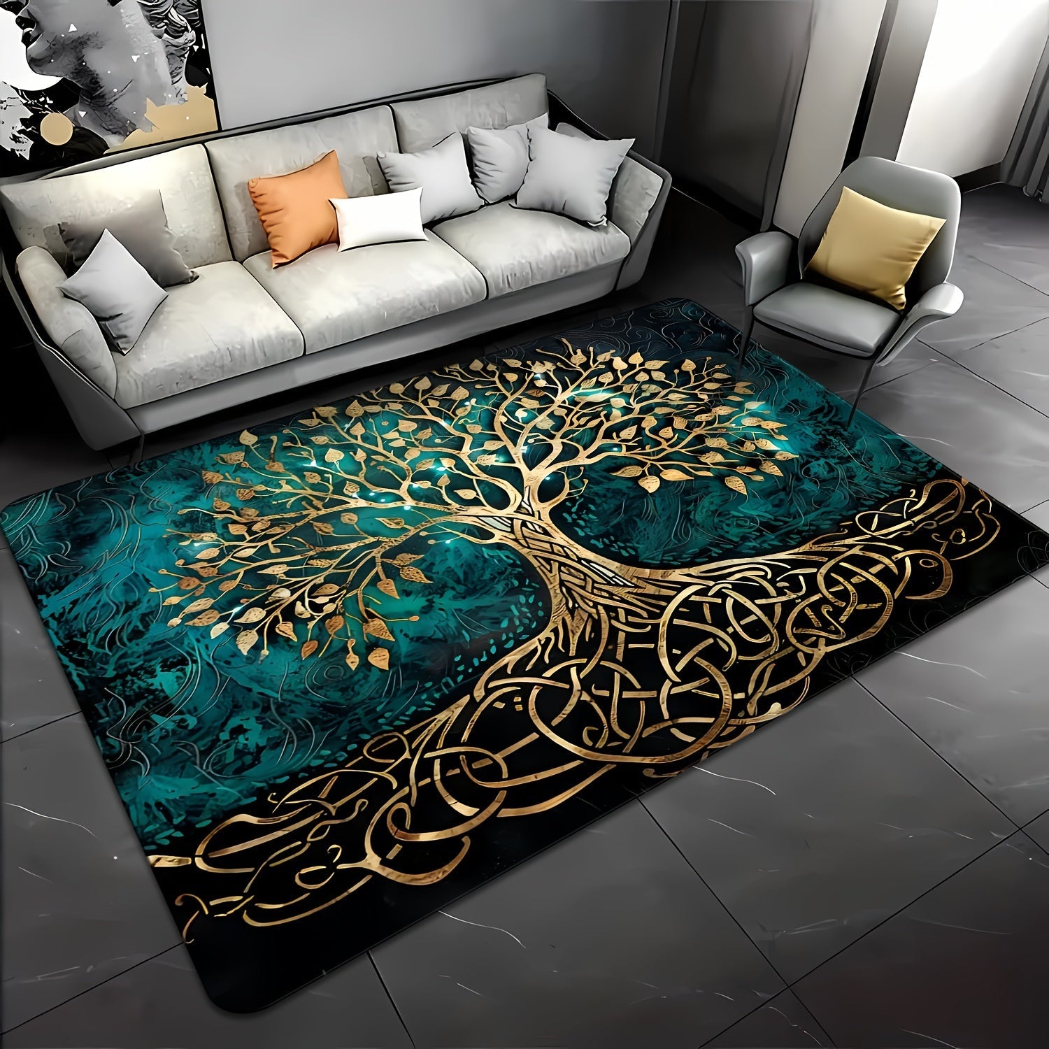 Golden Leaf Tree Rug Anti-Slip Stain Resistant Indoor Outdoor Carpet