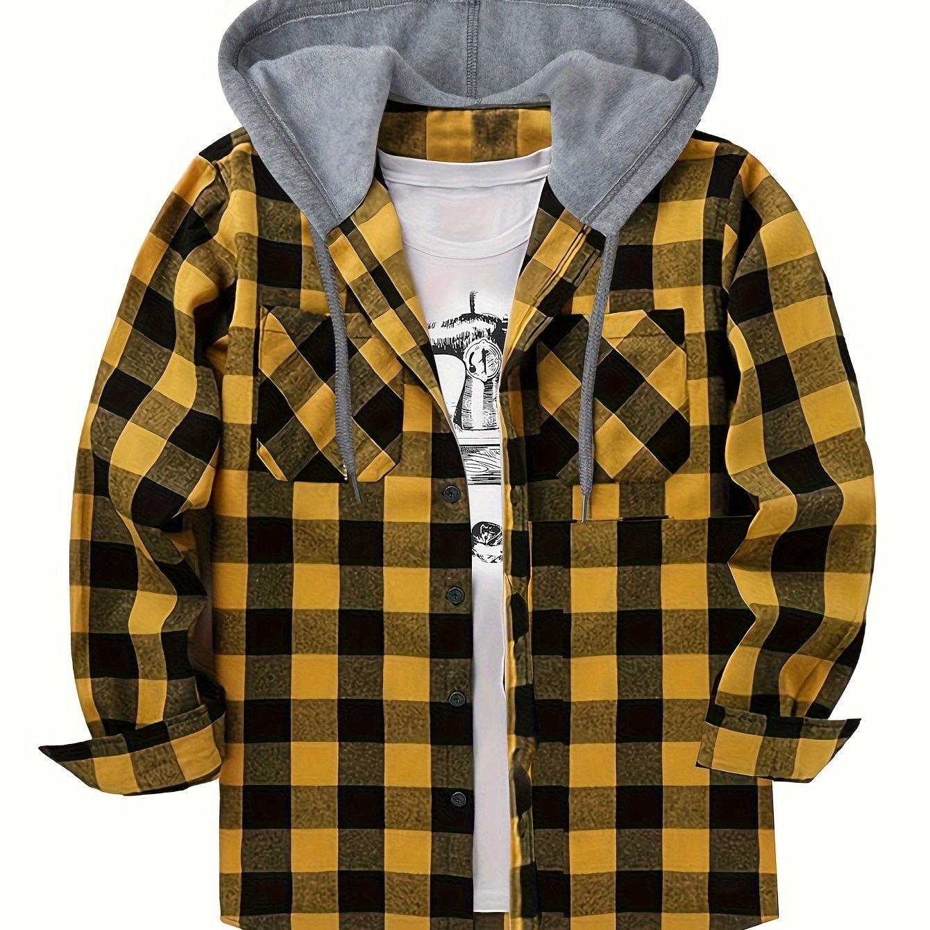 Men's Plaid Polyester Hooded Button-Up Jacket for Casual Sports Style