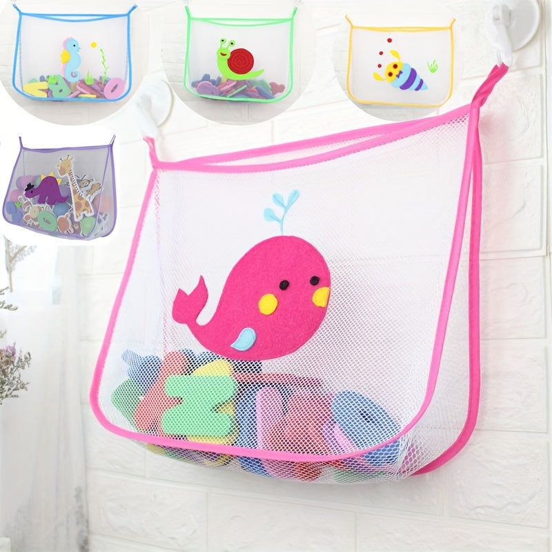 Bathroom Toy Organizer Mesh Storage Bag with Hooks for Wall Mounting on Glass and Tile Surfaces