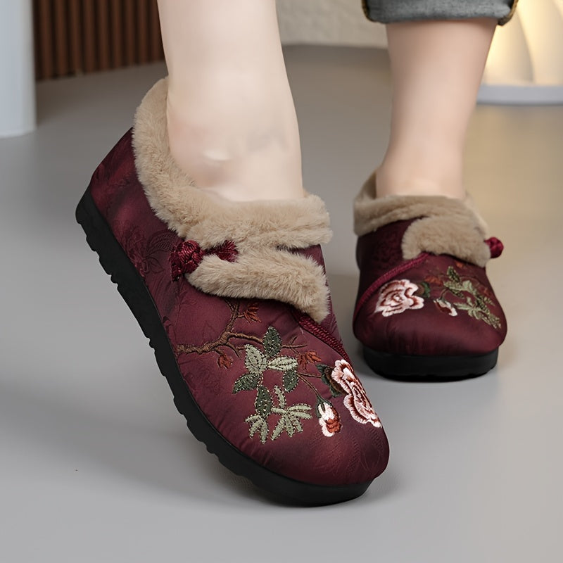 Women's Ethnic Embroidery Winter Boots Faux Fur Lined Non-Slip Sole Red Green