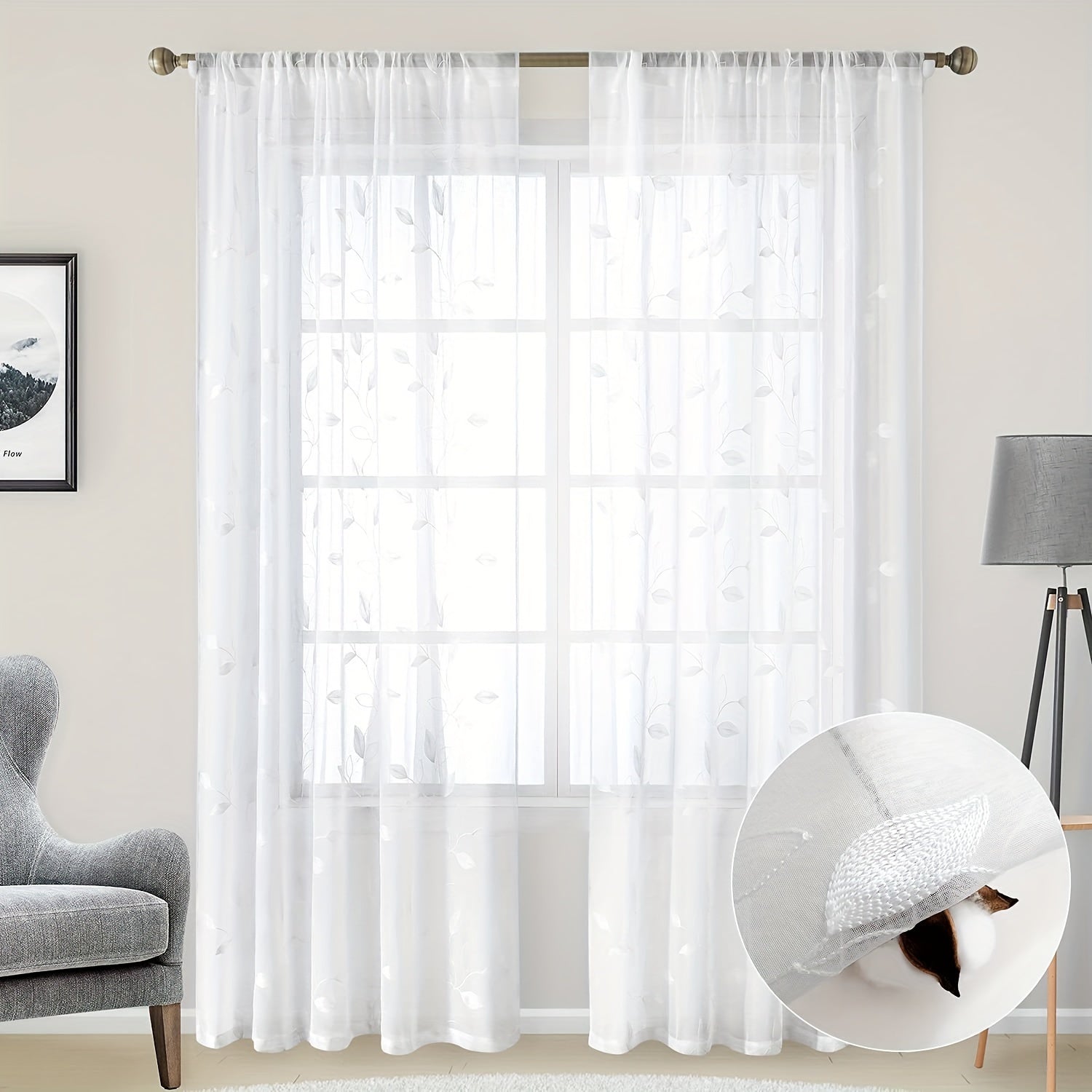 Two Pieces Sheer Curtains with Embroidered Leaf Pattern, Rod Pocket, Polyester, for Bedroom Living Room Kitchen