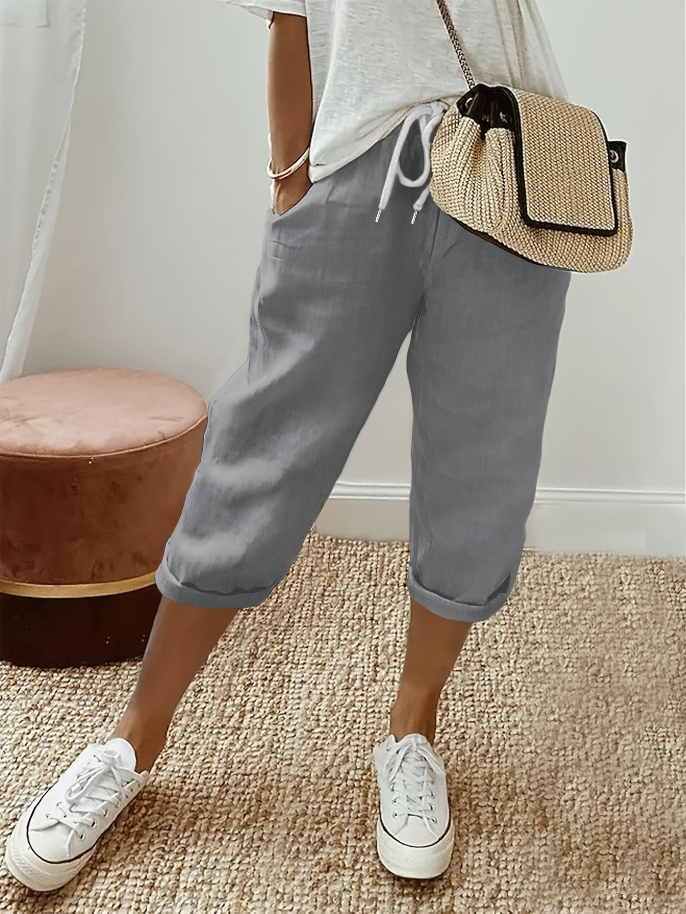 Women's Plus Size Loose Fit Drawstring Capri Pants Gray Casual Vacation