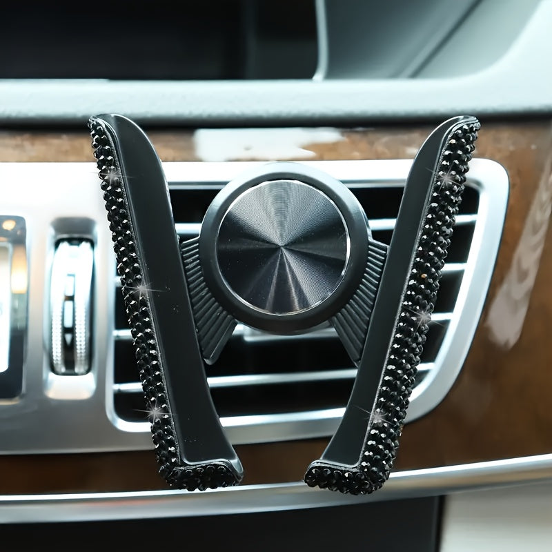 Car Phone Holder Sparkling Rhinestone Dual-Function Air Vent Mount Waterproof Rotatable