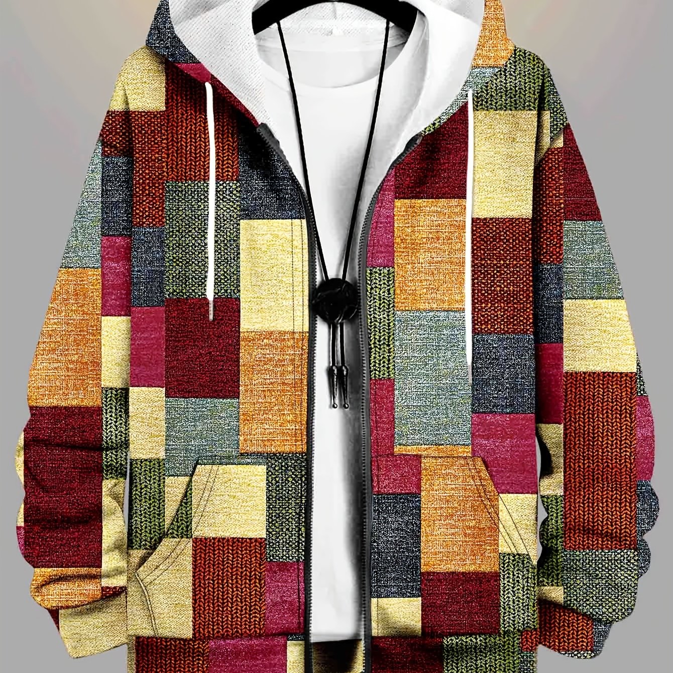 Men's Plus Size Hooded Zip-Up Jacket with Knit Polyester and Random Print