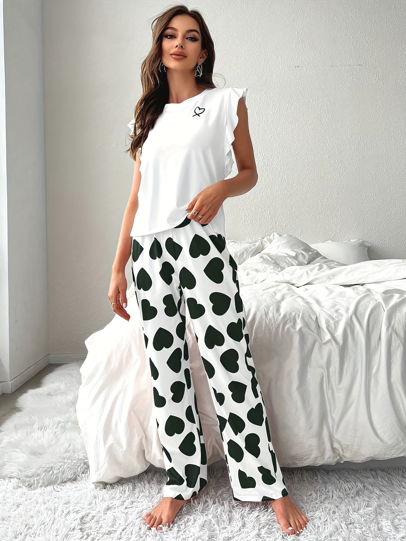Conjunto de descanso con estampado de corazones y mangas con volantes para mujer, con pantalones de cintura elástica