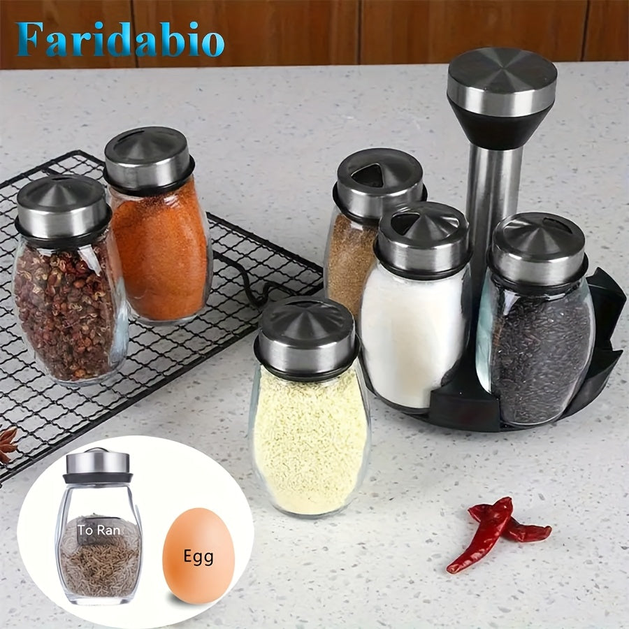 7-Piece Stainless Steel Glass Spice Shaker Set with Salt Pepper Sugar Rotating Base