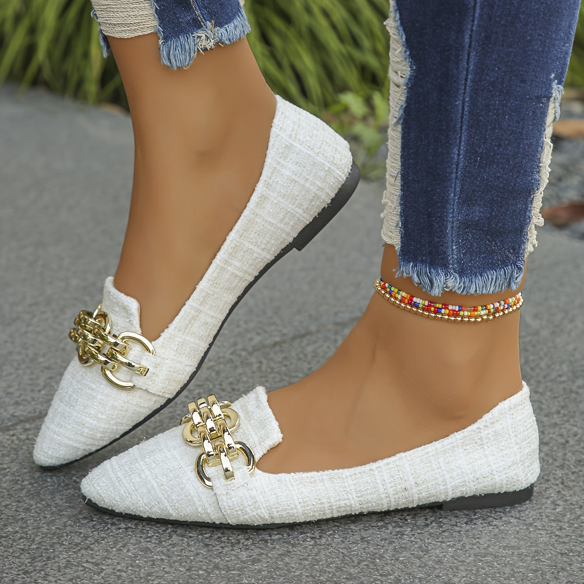Women’s Metallic Chain Detail Pointed Toe Flats for Work and Casual